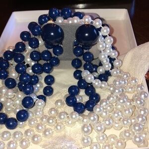 Vintage Round Blue Clip On Earrings & 2 Beaded Necklaces Blue & Pearlescent